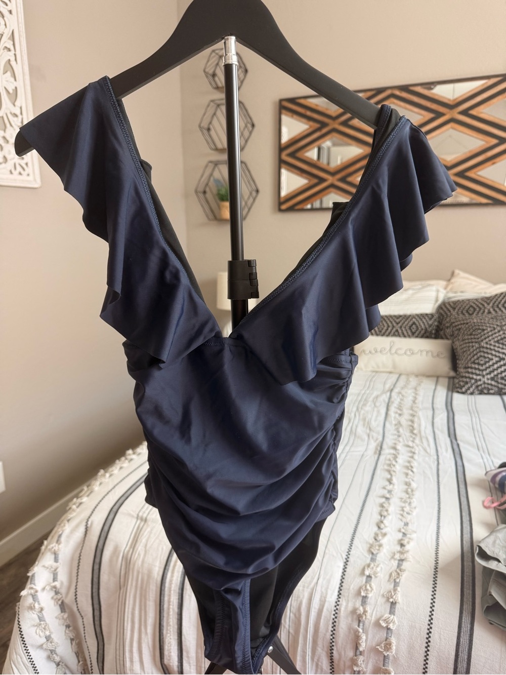 Ruffled V-Neck Navy One-Piece Swimsuit